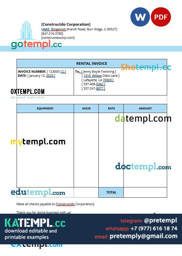 Equipment Rental Invoice template in word and pdf format Katempl