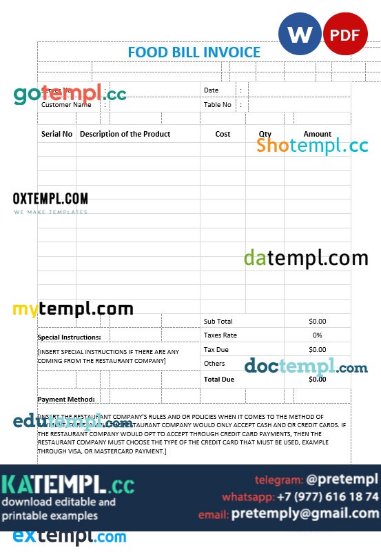 Food Bill Invoice template in word and pdf format Katempl