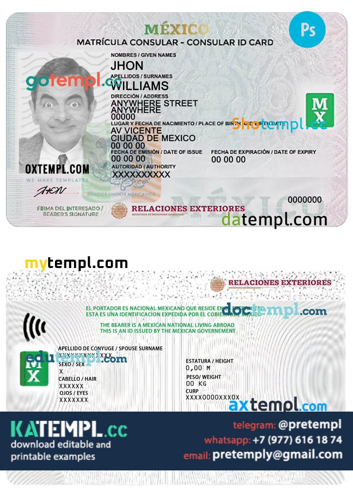 Mexico consular ID card PSD template, completely editable Katempl